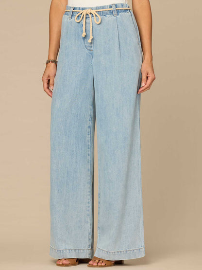 Democracy Clothing "Ab"leisure Skyrise Pleated Spade Pocket Wide Leg Jeans with Rope Belt - Light Blue Denim