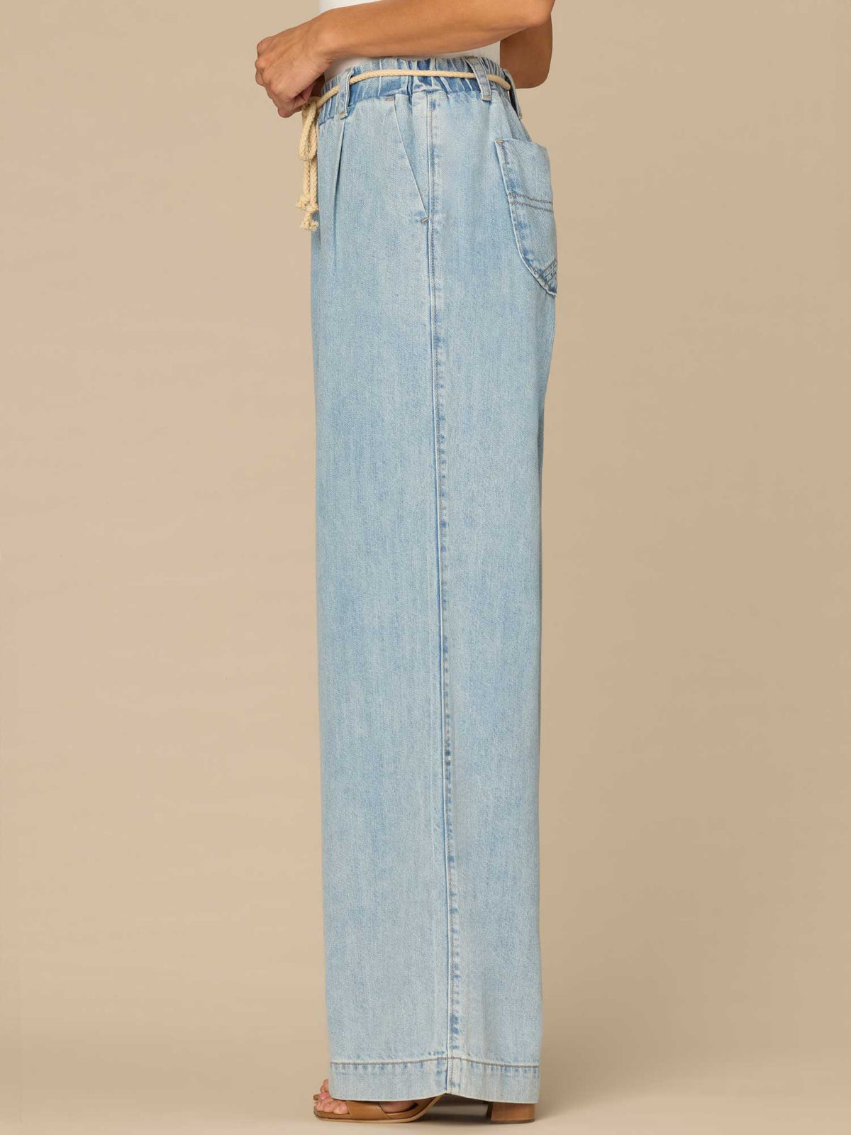 Democracy Clothing "Ab"leisure Skyrise Pleated Spade Pocket Wide Leg Jeans with Rope Belt - Light Blue Denim