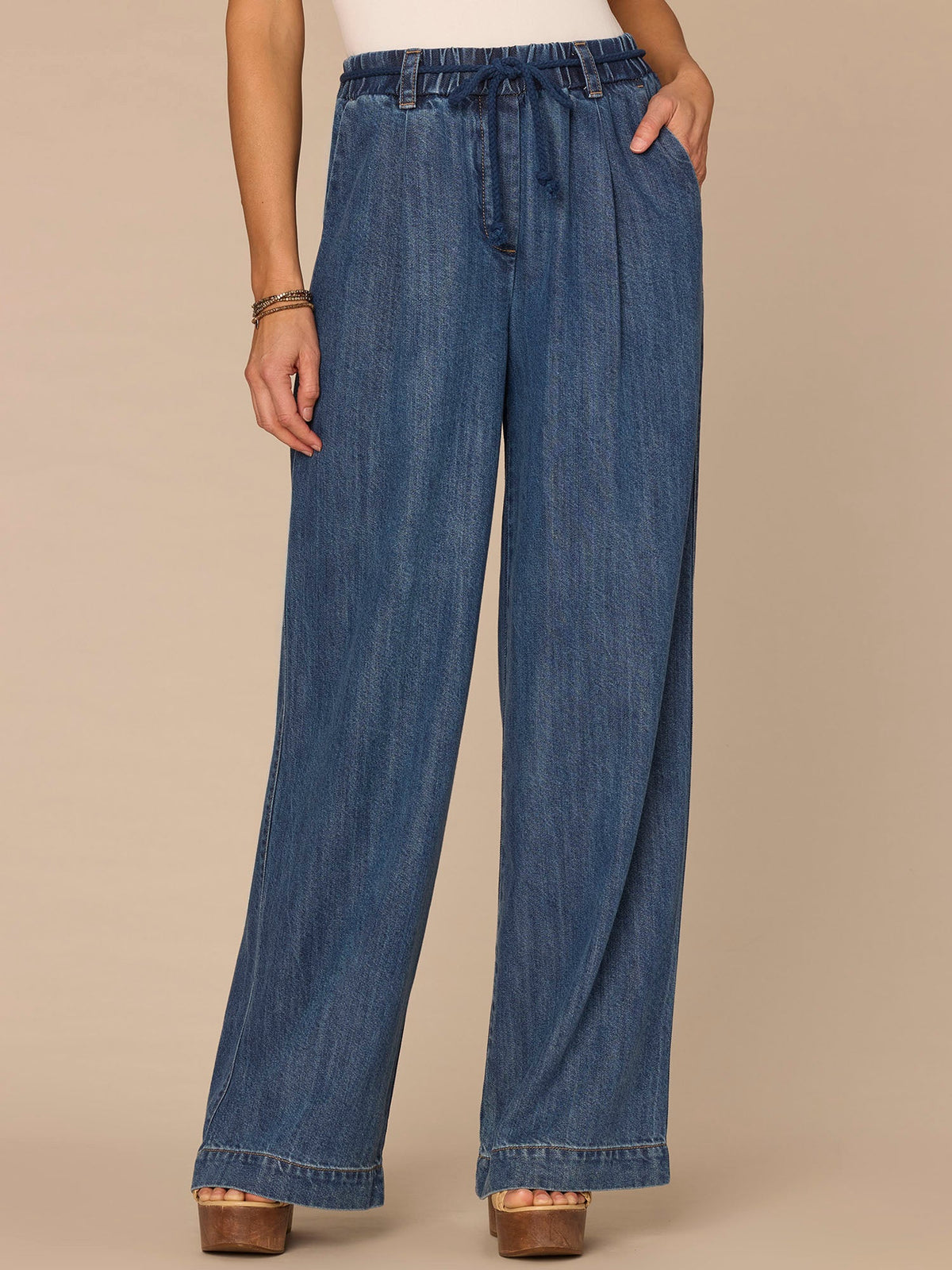 Democracy Clothing "Ab"leisure Skyrise Tie Belt Spade Pocket Pleated Petite Wide Leg Jean - Mid Blue Denim