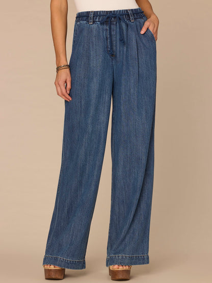 Democracy Clothing "Ab"leisure Skyrise Tie Belt Spade Pocket Pleated Petite Wide Leg Jean - Mid Blue Denim