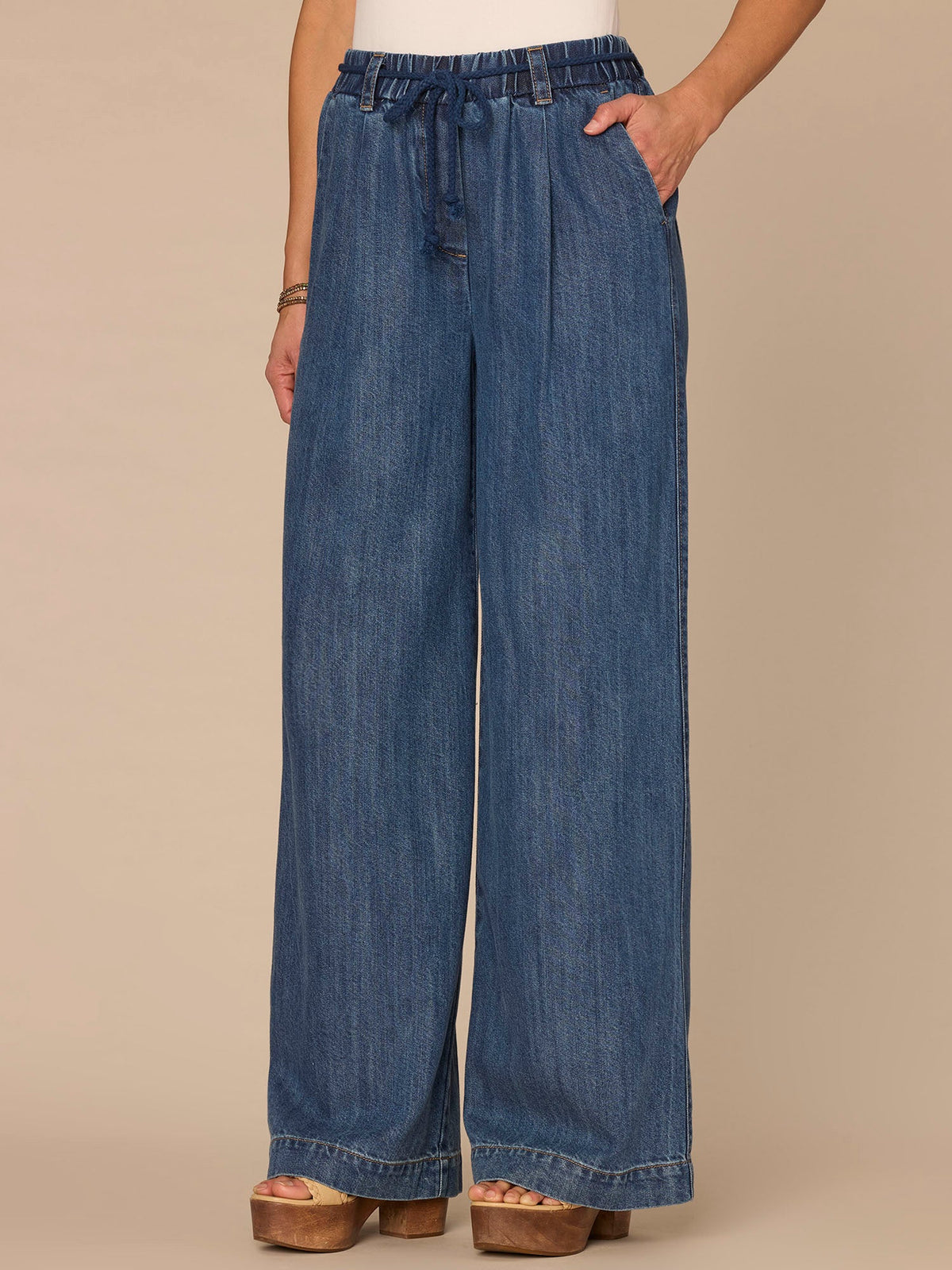 Democracy Clothing "Ab"leisure Skyrise Tie Belt Spade Pocket Pleated Petite Wide Leg Jean - Mid Blue Denim