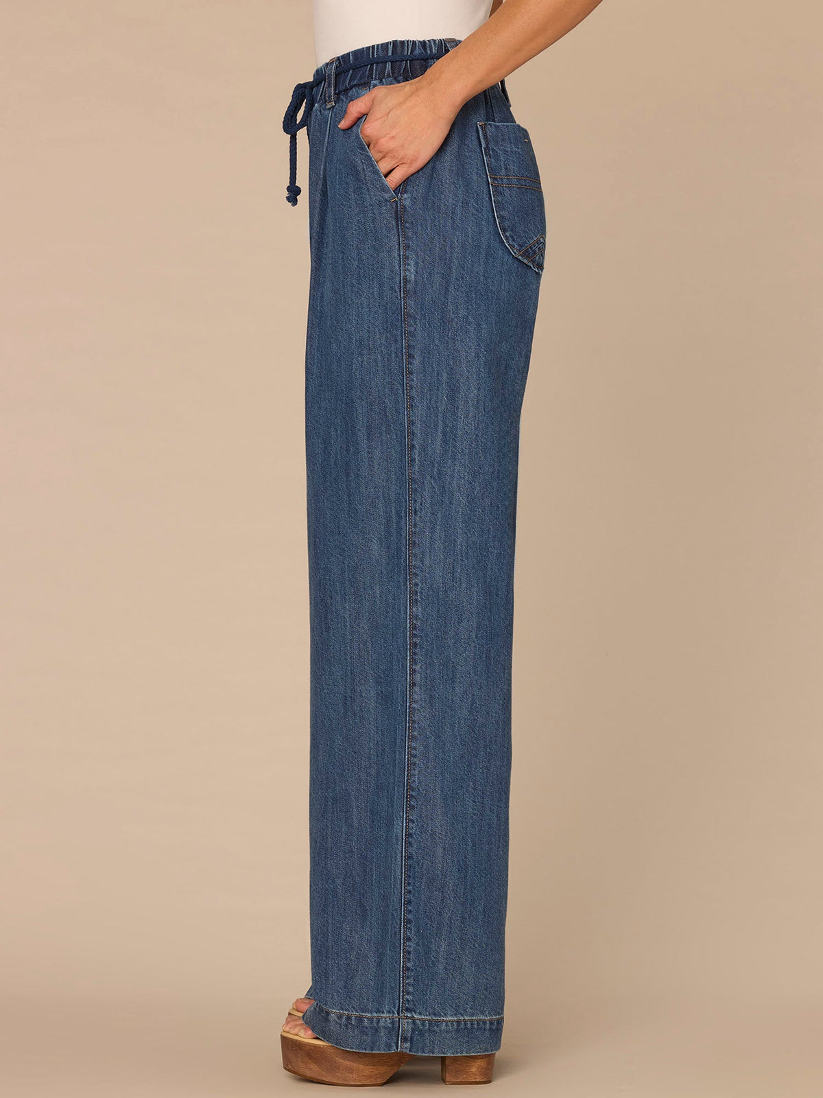 Democracy Clothing "Ab"leisure Skyrise Tie Belt Spade Pocket Pleated Petite Wide Leg Jean - Mid Blue Denim