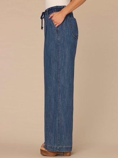 Democracy Clothing "Ab"leisure Skyrise Tie Belt Spade Pocket Pleated Petite Wide Leg Jean - Mid Blue Denim