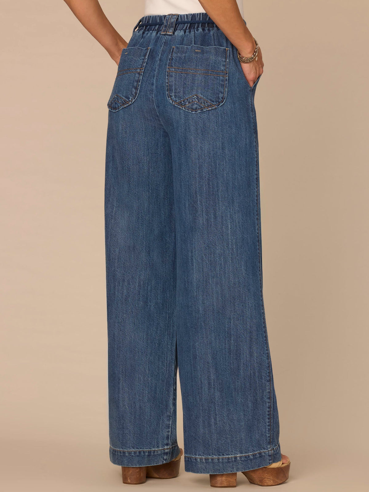 Democracy Clothing "Ab"leisure Skyrise Tie Belt Spade Pocket Pleated Petite Wide Leg Jean - Mid Blue Denim