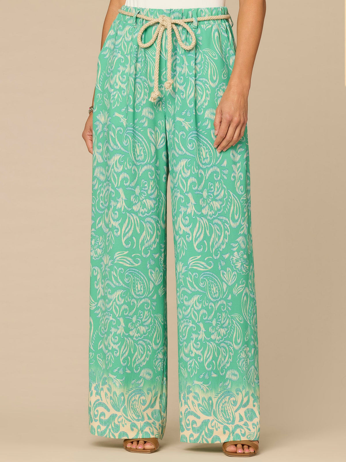 Democracy Clothing "Ab"leisure Skyrise Rope Belt Spade Pocket Printed Wide Leg Pants - Deep Jade Multi|Deep Shadow Multi