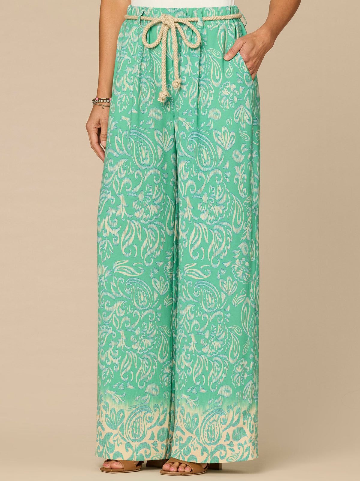 Democracy Clothing "Ab"leisure Skyrise Rope Belt Spade Pocket Printed Wide Leg Pants - Deep Jade Multi|Deep Shadow Multi