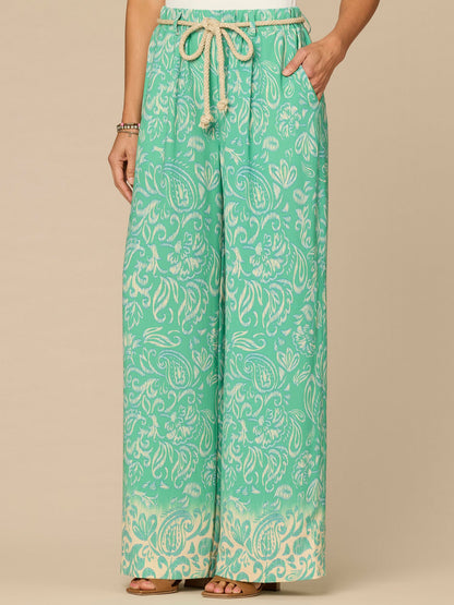 Democracy Clothing "Ab"leisure Skyrise Rope Belt Spade Pocket Printed Wide Leg Pants - Deep Jade Multi|Deep Shadow Multi
