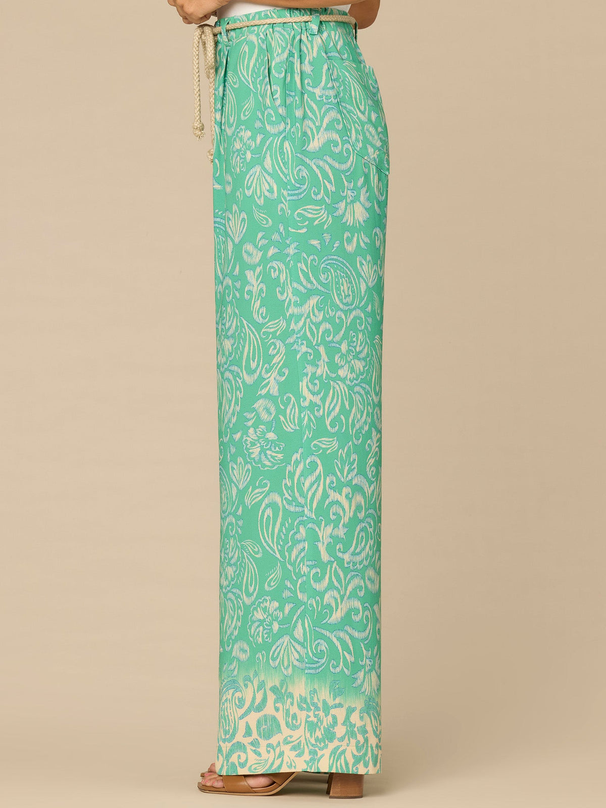Democracy Clothing "Ab"leisure Skyrise Rope Belt Spade Pocket Printed Wide Leg Pants - Deep Jade Multi|Deep Shadow Multi