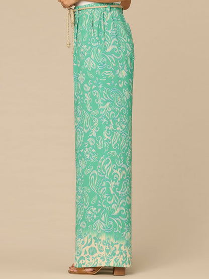 Democracy Clothing "Ab"leisure Skyrise Rope Belt Spade Pocket Printed Wide Leg Pants - Deep Jade Multi|Deep Shadow Multi