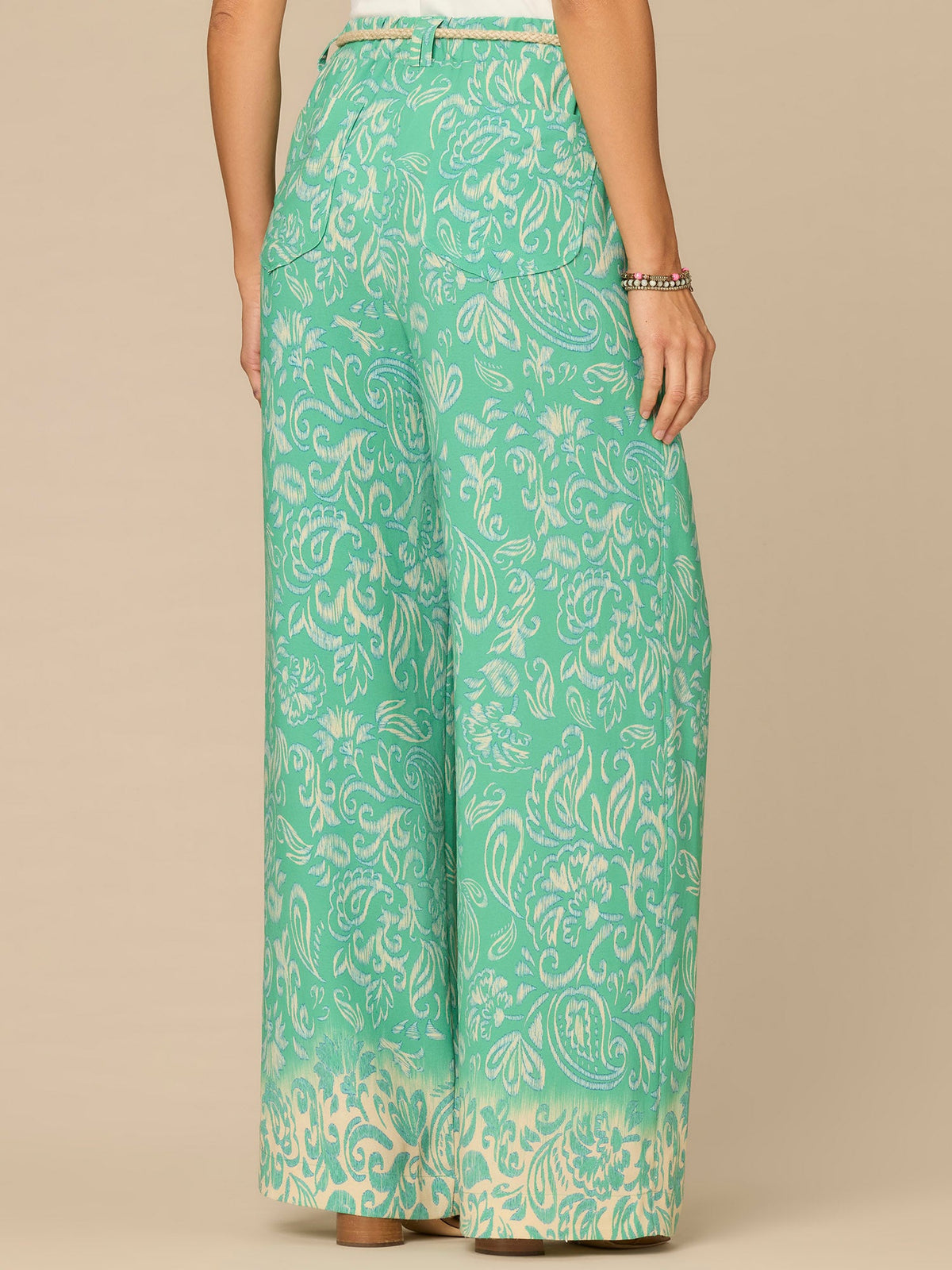 Democracy Clothing "Ab"leisure Skyrise Rope Belt Spade Pocket Printed Wide Leg Pants - Deep Jade Multi|Deep Shadow Multi