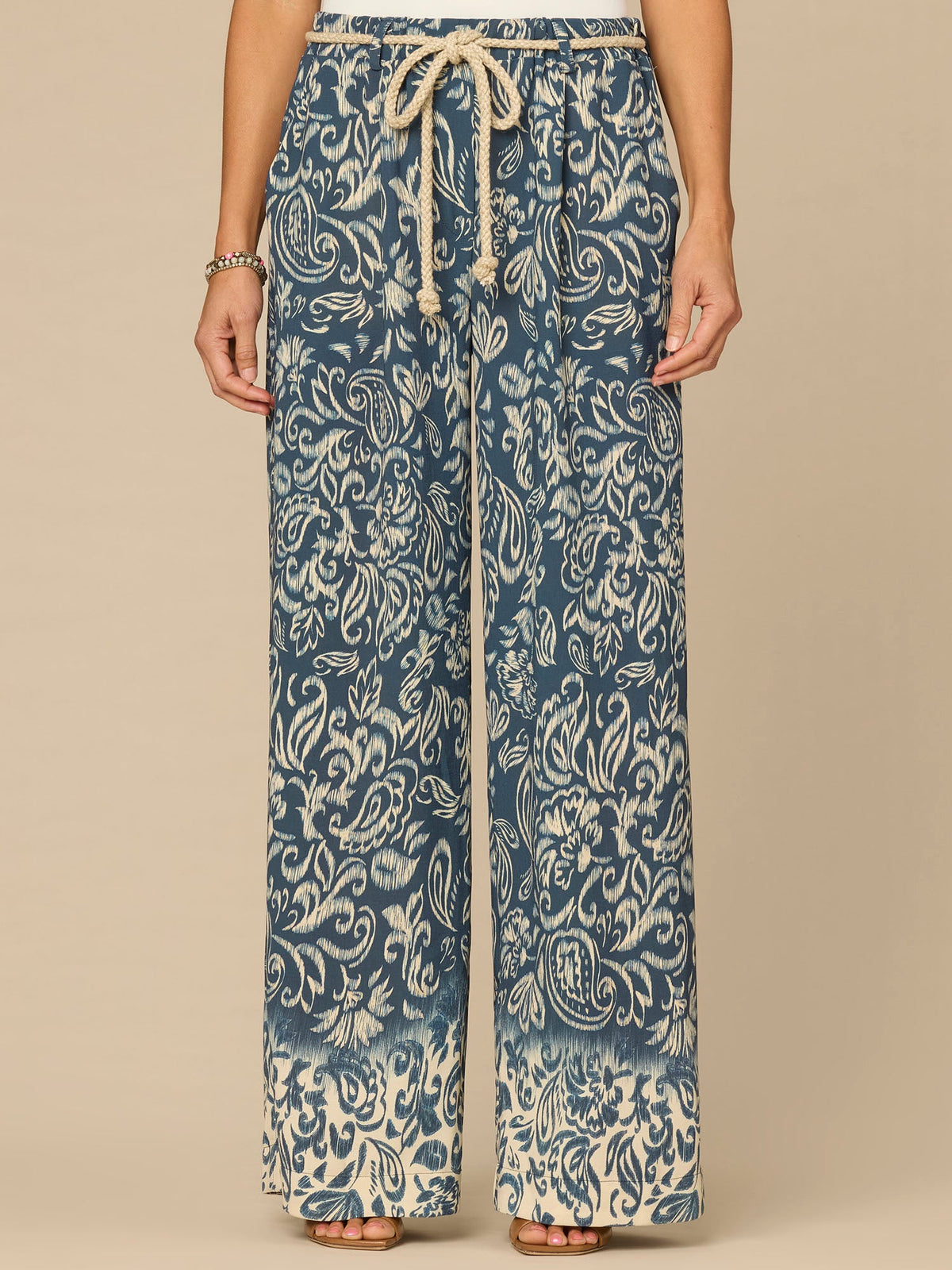 Democracy Clothing "Ab"leisure Skyrise Rope Belt Spade Pocket Printed Wide Leg Pants - Deep Jade Multi|Deep Shadow Multi