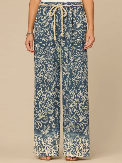 Democracy Clothing "Ab"leisure Skyrise Rope Belt Spade Pocket Printed Wide Leg Pants - Deep Jade Multi|Deep Shadow Multi