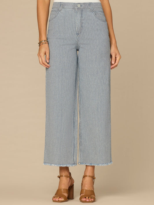 Democracy Clothing “Ab”solution® Skyrise Round Up Striped Petite Wide Leg Boyfriend Jean - Blue Striped Denim