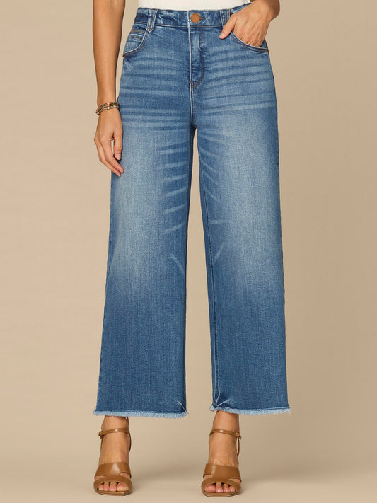 Democracy Clothing “Ab”solution® Skyrise Round Up Wide Leg Boyfriend Jeans with Fray Hem - Mid Blue Artisanal Denim