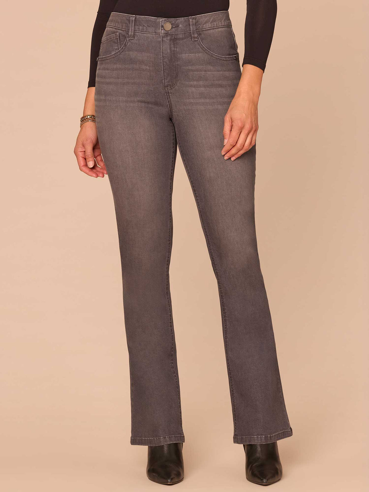 Democracy Clothing "Ab"solution® Rhinestone Cascading Pocket Itty Bitty Boot Petite Jeans - Grey Denim