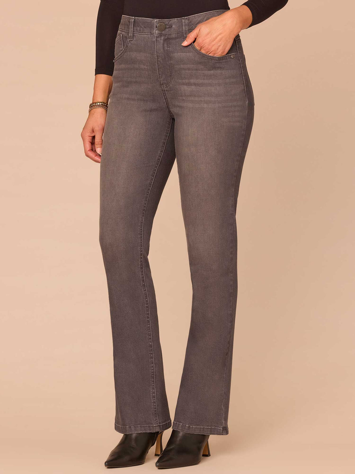 Democracy Clothing "Ab"solution® Rhinestone Cascading Pocket Itty Bitty Boot Petite Jeans - Grey Denim