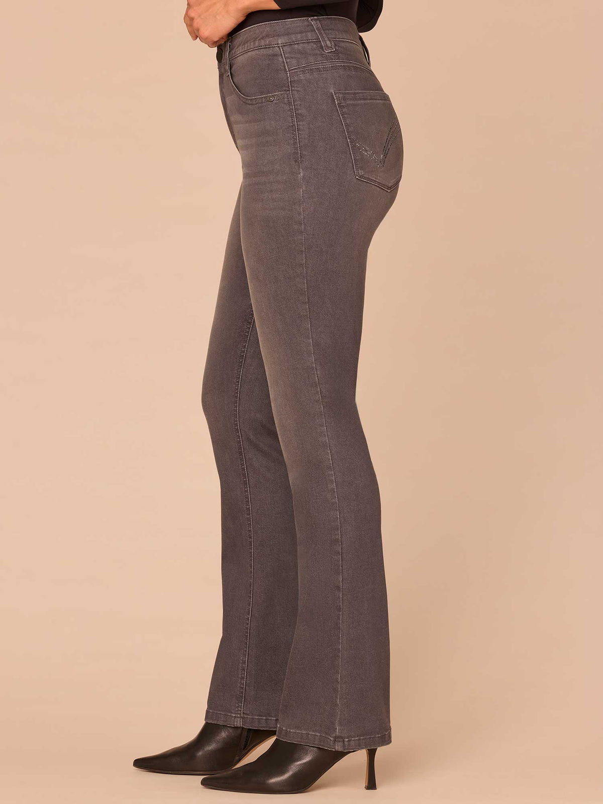 Democracy Clothing "Ab"solution® Rhinestone Cascading Pocket Itty Bitty Boot Petite Jeans - Grey Denim