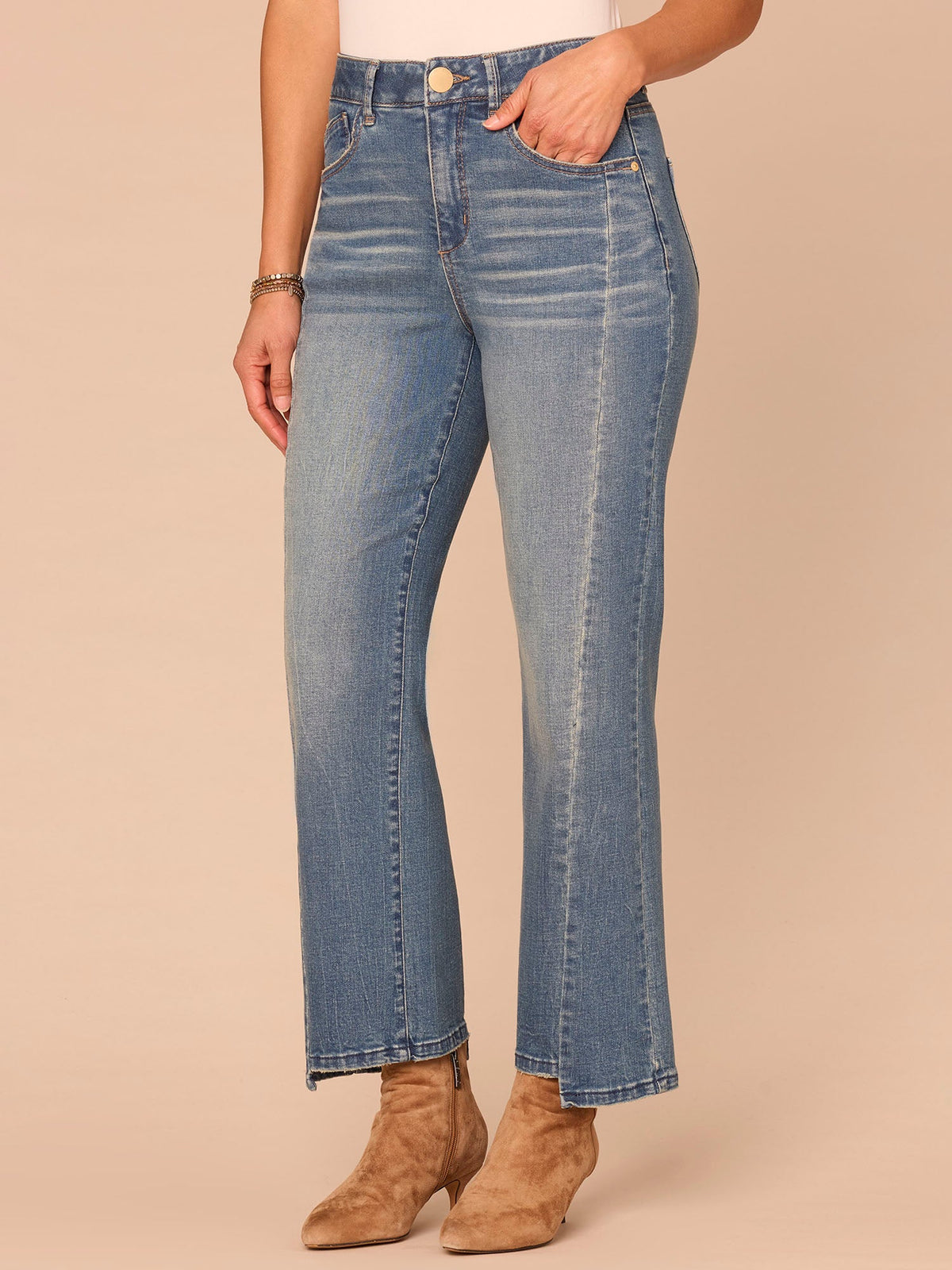 Democracy Clothing "Ab"solution® Skyrise Clean Finish Step Hem Barely Boot Petite Jeans - Mid Blue Artisanal Denim