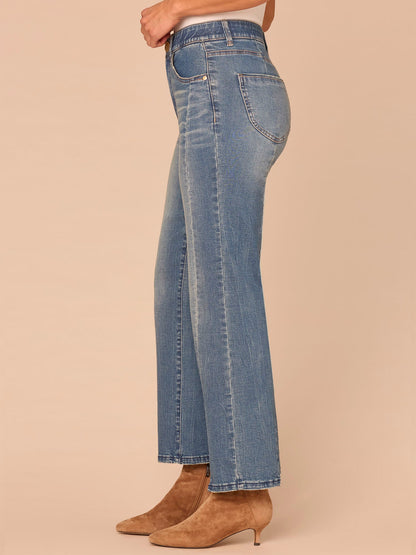 Democracy Clothing "Ab"solution® Skyrise Clean Finish Step Hem Barely Boot Petite Jeans - Mid Blue Artisanal Denim