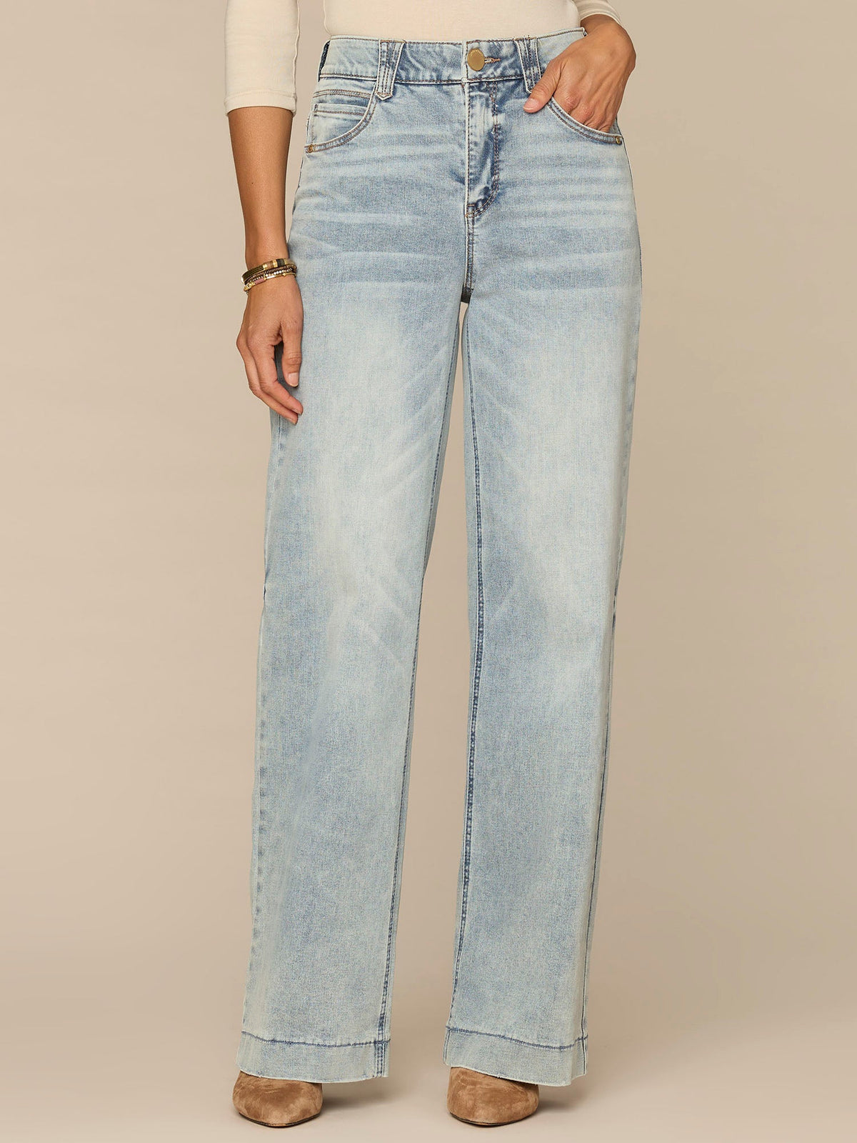 Democracy Clothing "Ab"solution High Rise Wide Leg Jeans with Subtle Fading Detail - Light Blue Denim