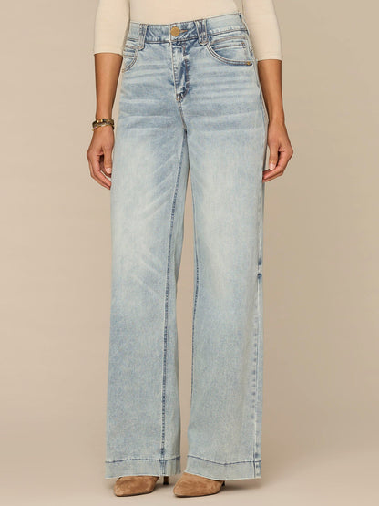 Democracy Clothing "Ab"solution High Rise Slightly Faded Wide Leg Petite Jeans - Light Blue Denim