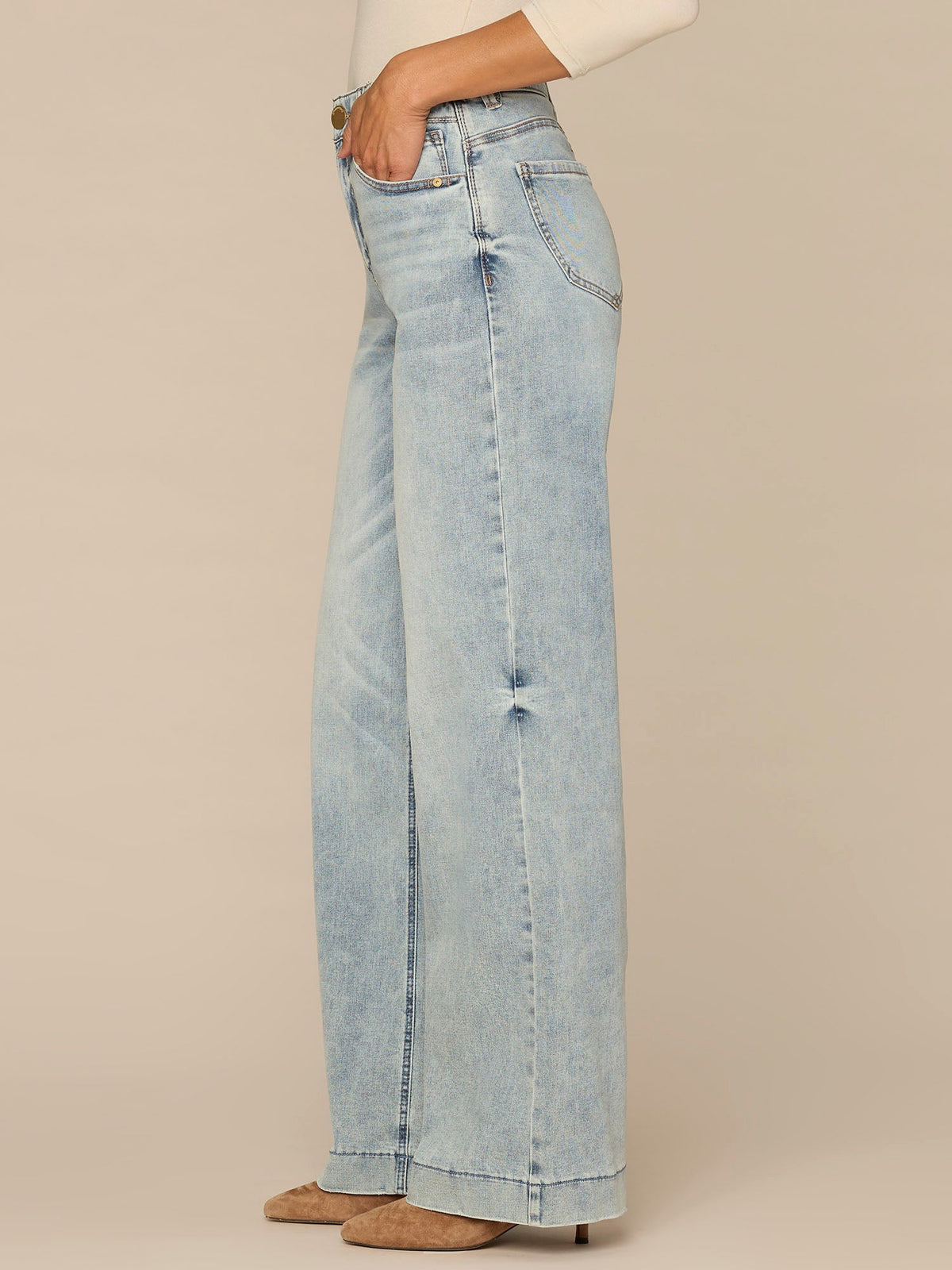 Democracy Clothing "Ab"solution High Rise Slightly Faded Wide Leg Petite Jeans - Light Blue Denim