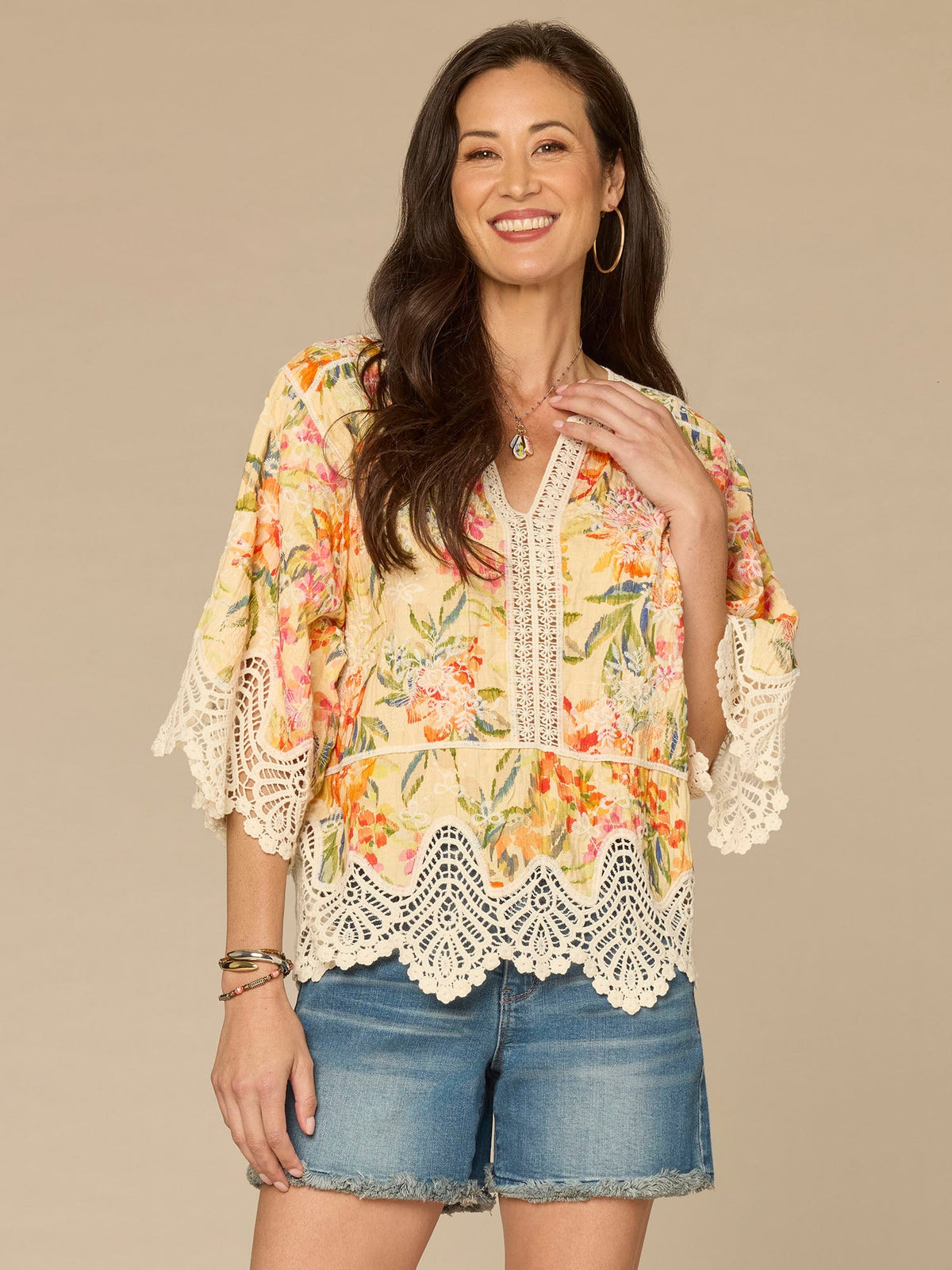 Democracy Clothing Below Elbow Sleeve V-Notch Neck Scallop Peplum Hem Peplum Petite Woven Top - Lemon Tangerine Multi