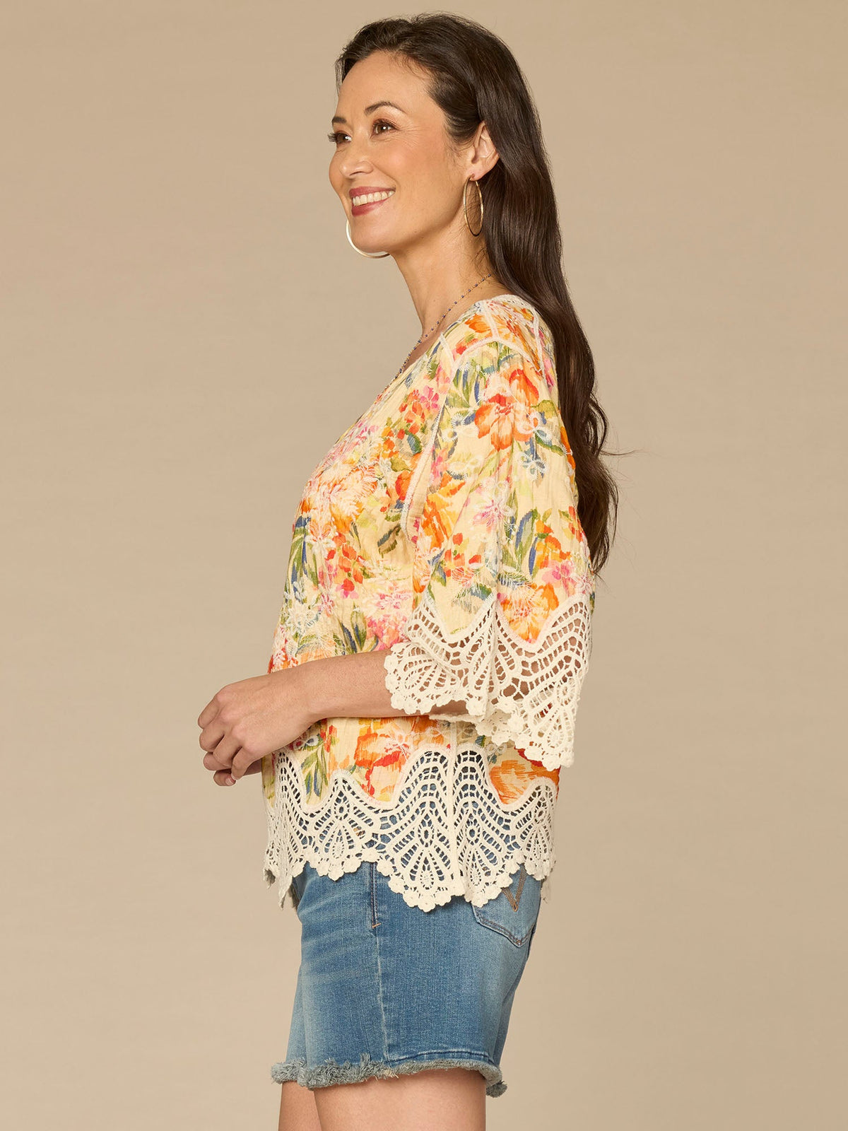 Democracy Clothing Below Elbow Sleeve V-Notch Neck Scallop Edge Peplum Hem Woven Top - Lemon Tangerine Multi
