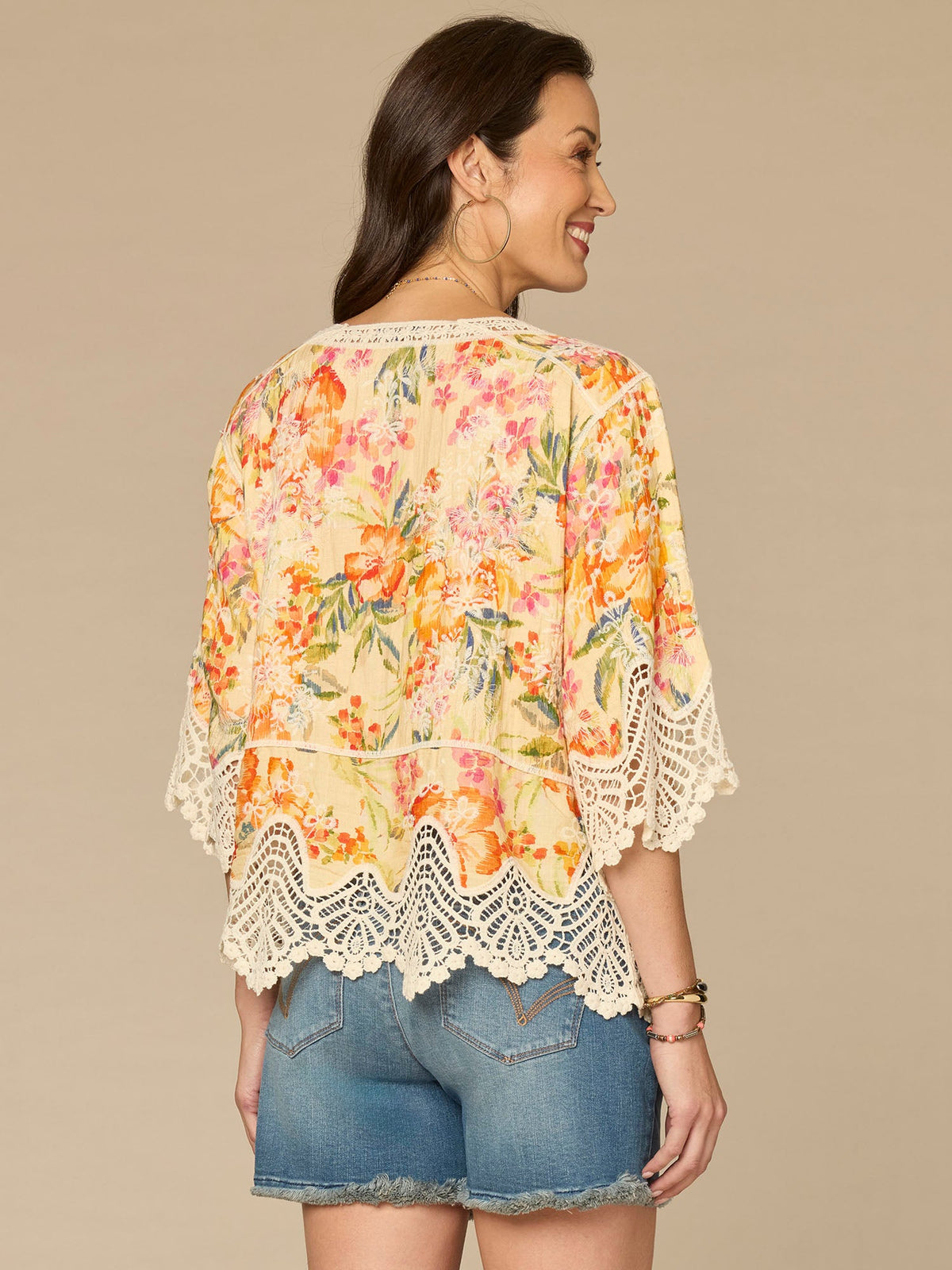 Democracy Clothing Below Elbow Sleeve V-Notch Neck Scallop Edge Peplum Hem Woven Top - Lemon Tangerine Multi
