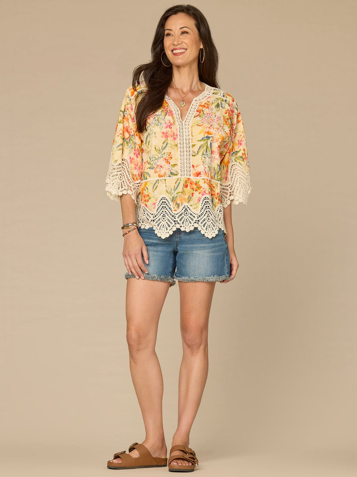 Democracy Clothing Below Elbow Sleeve V-Notch Neck Scallop Peplum Hem Peplum Petite Woven Top - Lemon Tangerine Multi
