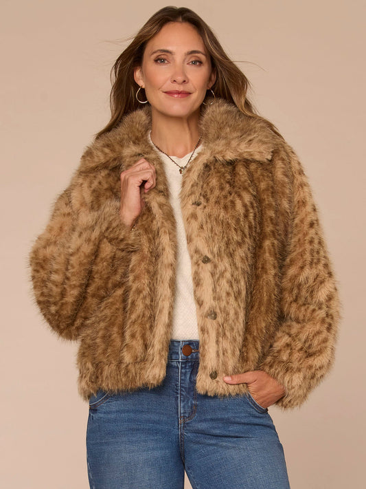 Democracy Clothing Blouson Raglan Sleeve Wide Collar Wildlife Print Woven Faux Fur Bomber - Gingersnap Multi