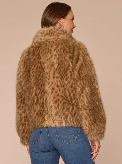 Democracy Clothing Blouson Sleeve Wide Collar Wildlife Print Petite Faux Fur Bomber - Gingersnap Multi
