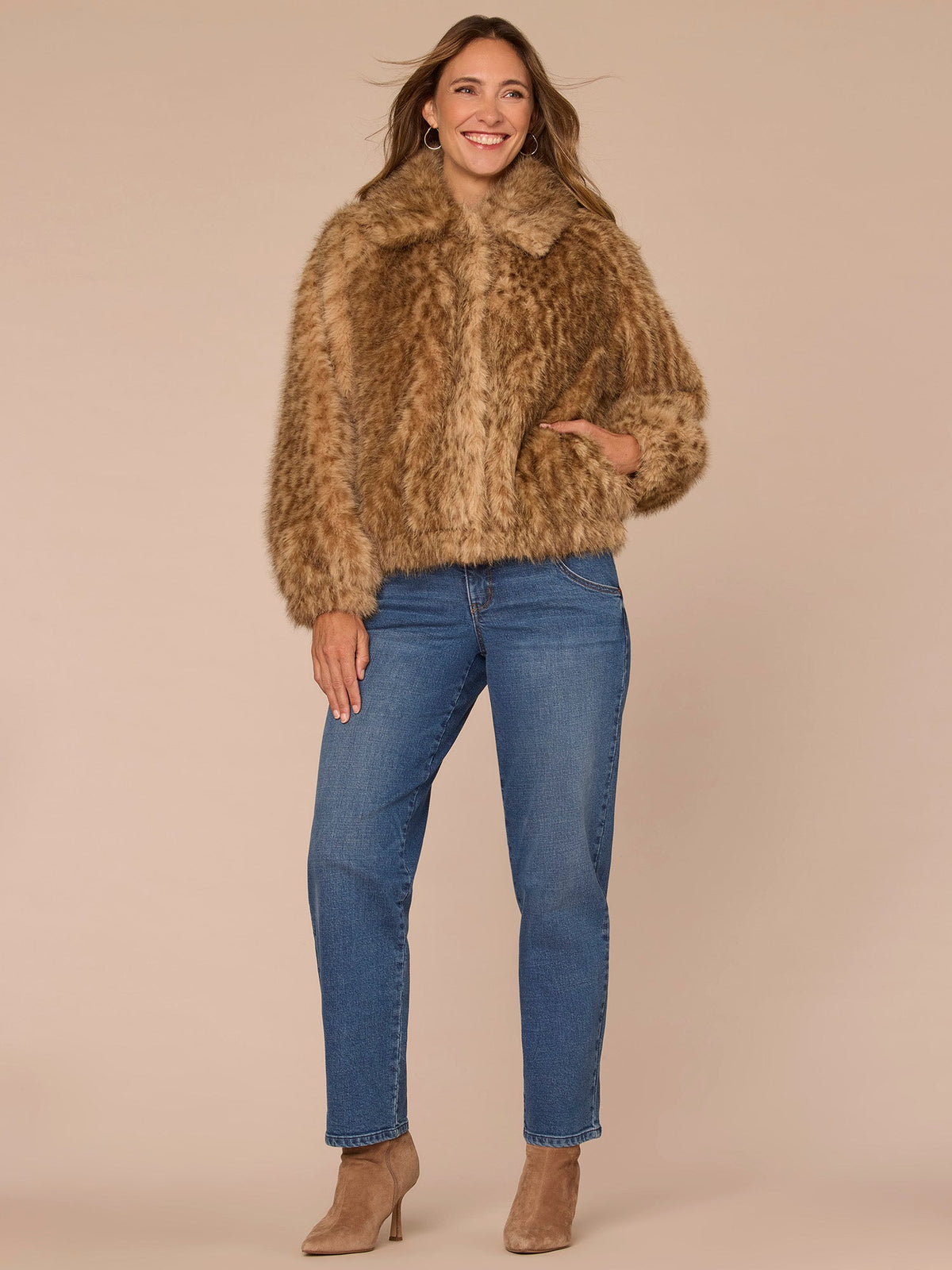 Democracy Clothing Blouson Sleeve Wide Collar Wildlife Print Petite Faux Fur Bomber - Gingersnap Multi