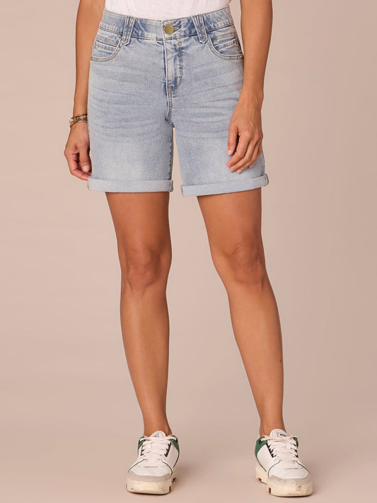 Democracy Clothing "Ab"solution Mid-Rise 6-Inch Inseam Petite Shorts with Roll Cuff - Light Blue Denim