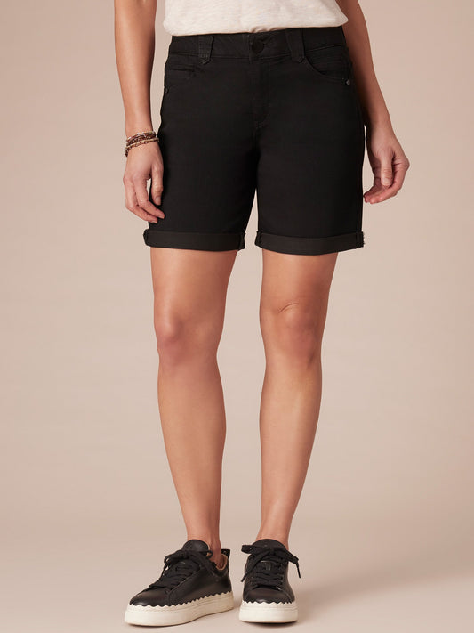 Democracy Clothing "Ab"solution® Mid-Rise Black Roll Cuff Petite Short - Black Denim