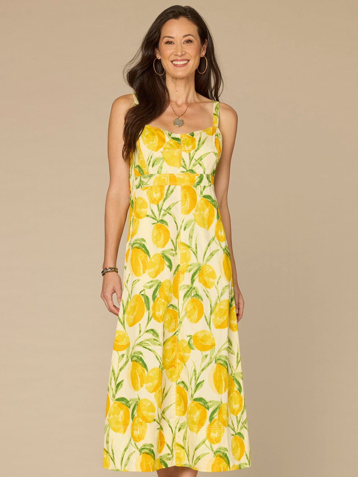Democracy Clothing V-Neck Smocked Midi Lemon Printed Woven Tank Dress with Pockets - Lemon Lush Multi
