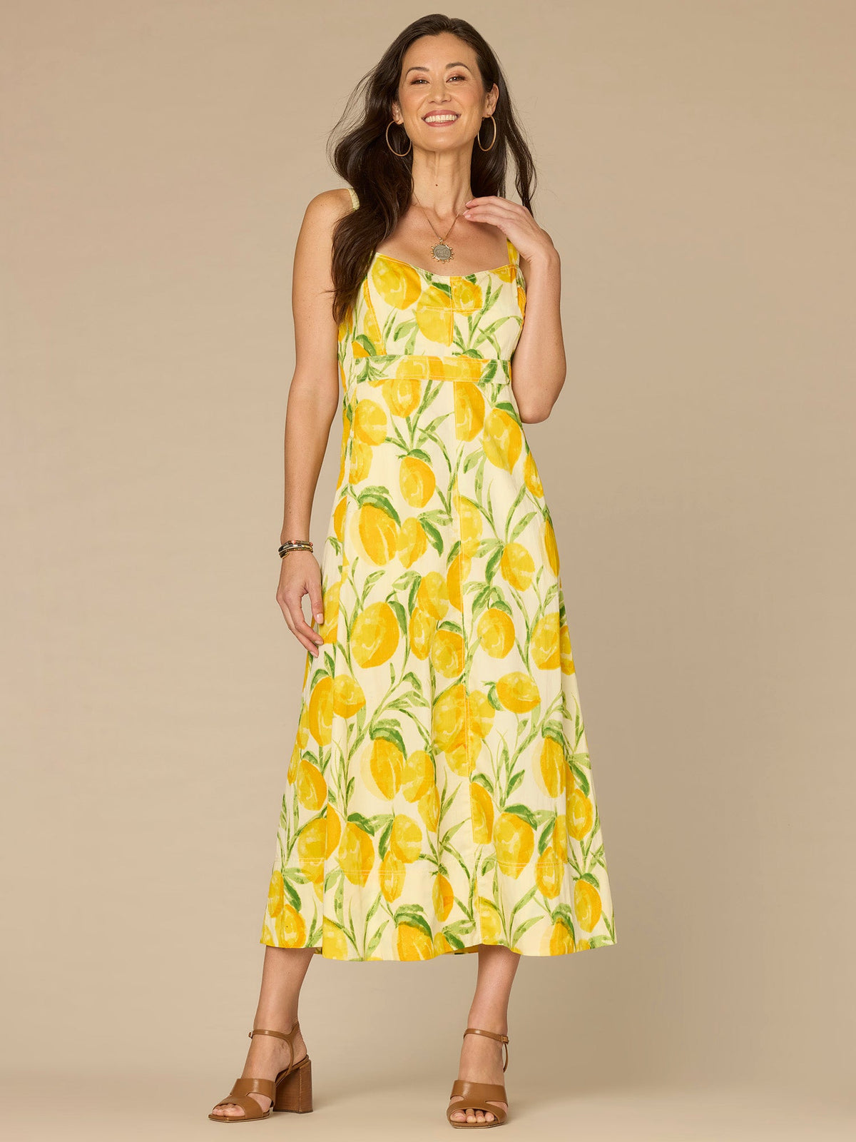 Democracy Clothing V-Neck Smocked Midi Lemon Printed Woven Tank Dress with Pockets - Lemon Lush Multi