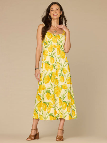 Democracy Clothing V-Neck Smocked Midi Lemon Printed Petite Woven Tank Dress with Pockets - Lemon Lush Multi