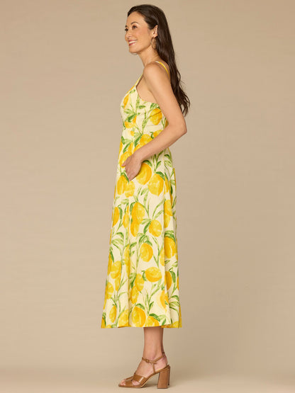 Democracy Clothing V-Neck Smocked Midi Lemon Printed Petite Woven Tank Dress with Pockets - Lemon Lush Multi