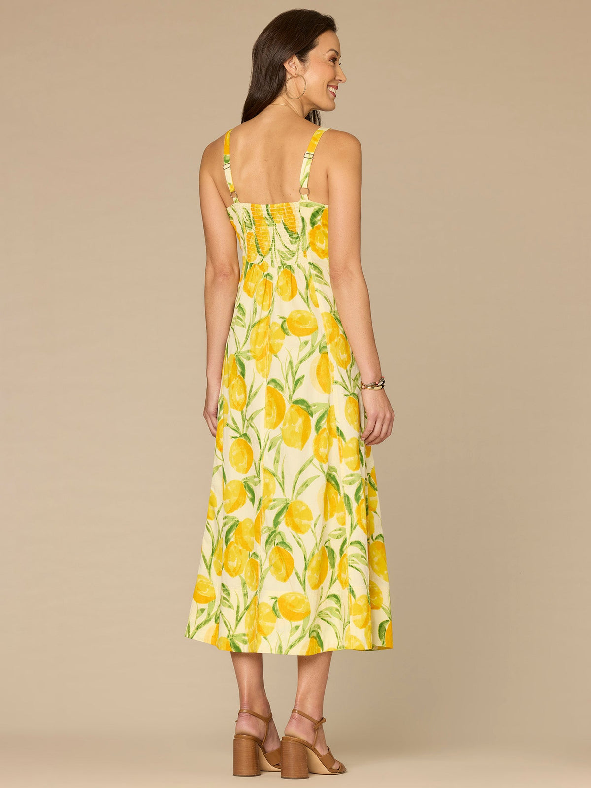Democracy Clothing V-Neck Smocked Midi Lemon Printed Petite Woven Tank Dress with Pockets - Lemon Lush Multi