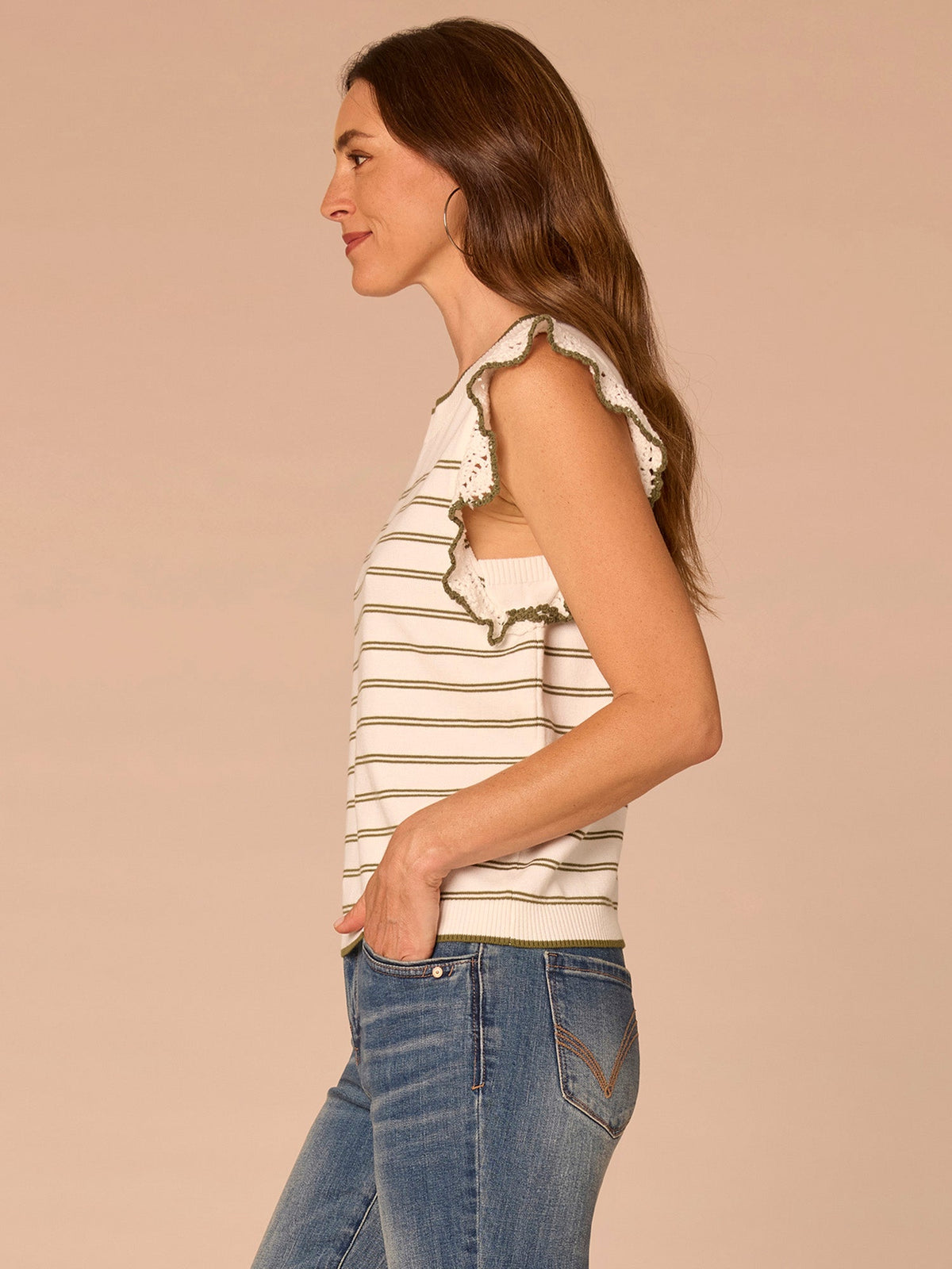 Democracy Clothing Crochet Ruffle Sleeve Round Neck Striped Sweater Top - Dark Linen Pecan Stripe|Off White Forest Moss Stripe|Off White Citronella Green