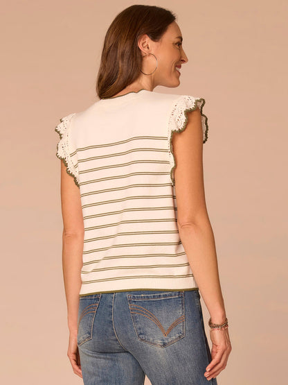 Democracy Clothing Crochet Ruffle Sleeve Round Neck Striped Sweater Top - Dark Linen Pecan Stripe|Off White Forest Moss Stripe|Off White Citronella Green