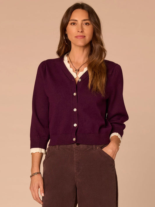 Democracy Clothing Double Layer Three Quarter Sleeve V-Neck Button Down Sweater Cardigan - Dark Raisin|Charcoal