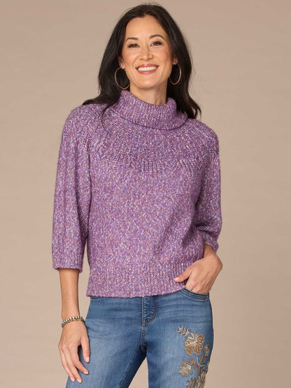 Democracy Clothing Three Quarter Dolman Sleeve Turtleneck Pointelle Stitch Sweater - Purple Juice Multi