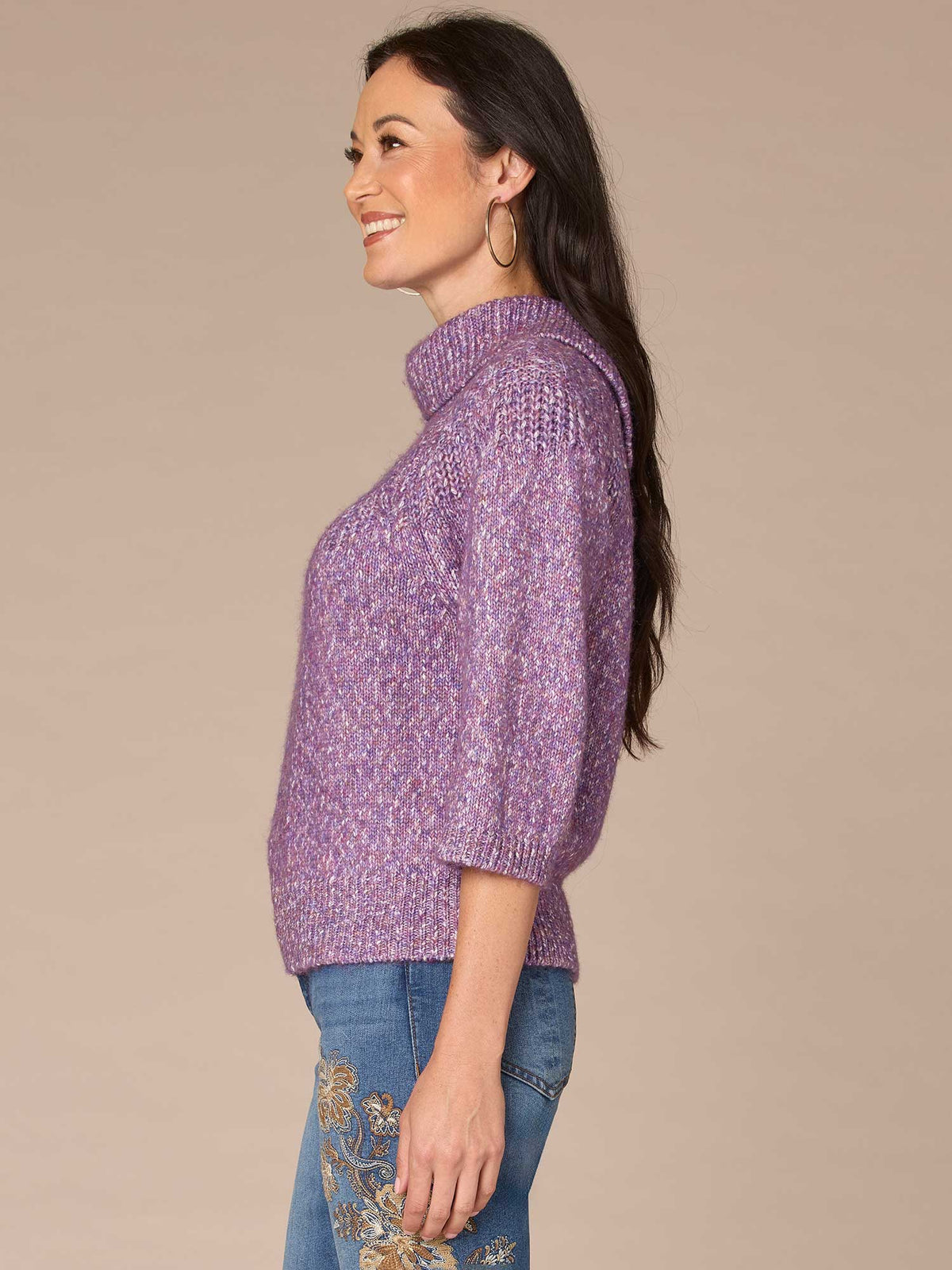 Democracy Clothing Three Quarter Dolman Sleeve Turtleneck Pointelle Stitch Sweater - Purple Juice Multi