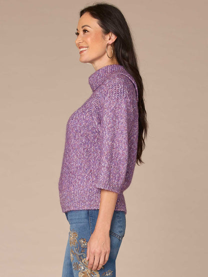 Democracy Clothing Three Quarter Dolman Sleeve Turtleneck Pointelle Stitch Sweater - Purple Juice Multi