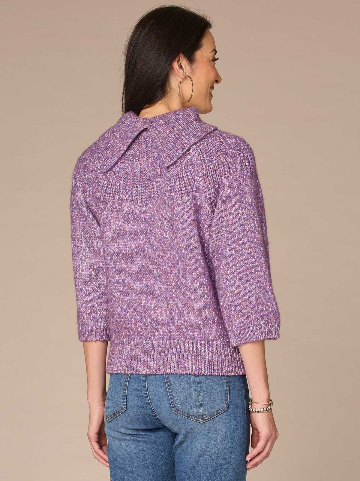 Democracy Clothing Three Quarter Dolman Sleeve Turtleneck Pointelle Stitch Sweater - Purple Juice Multi