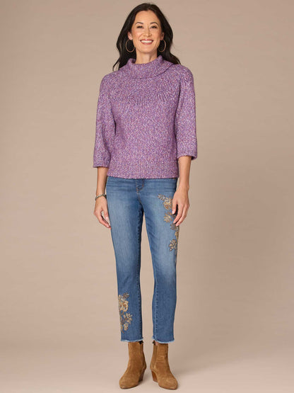 Democracy Clothing Three Quarter Dolman Sleeve Turtleneck Pointelle Stitch Sweater - Purple Juice Multi