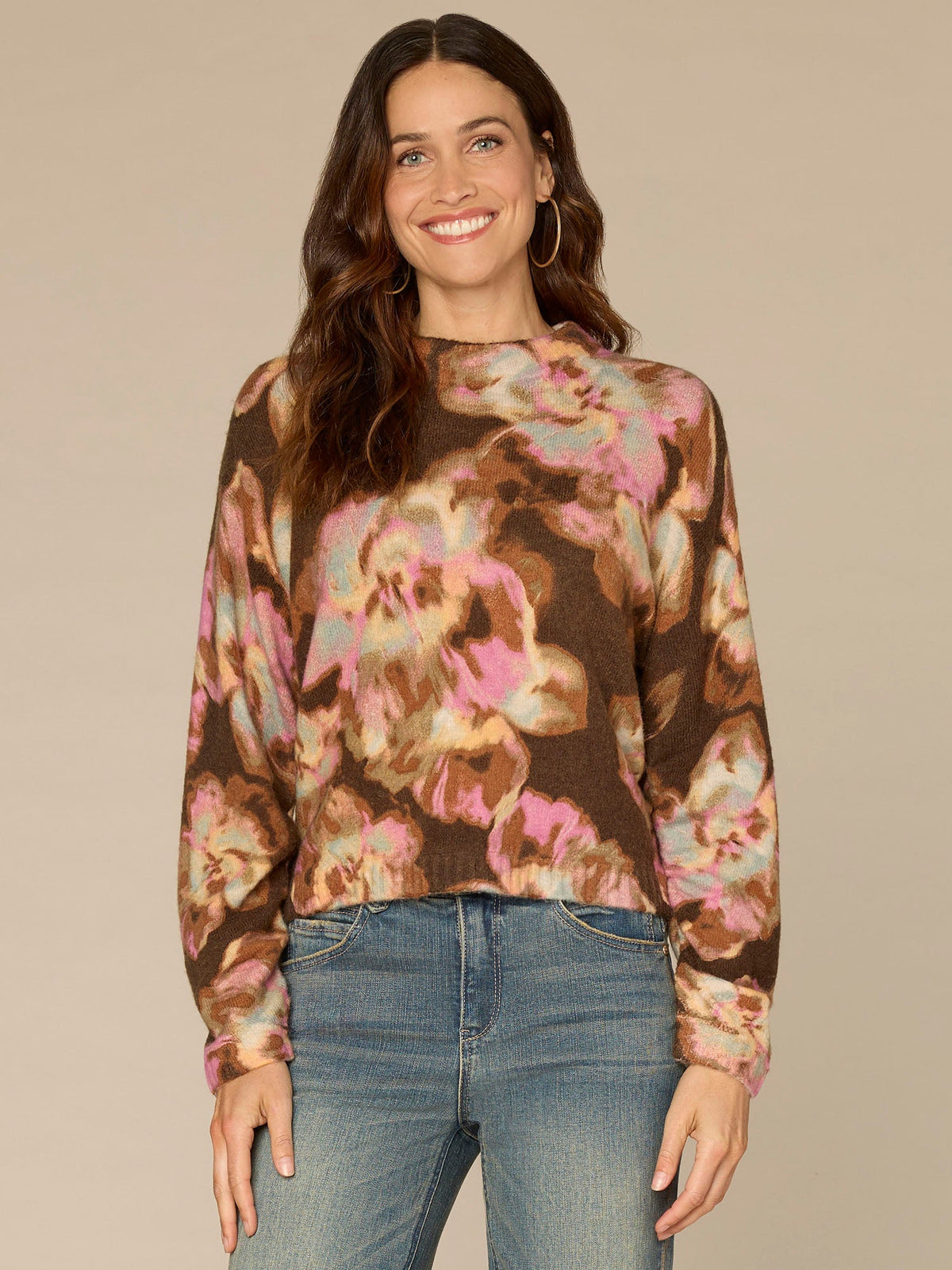 Democracy Clothing Long Ruched Sleeve Mock Neck Abstract Floral Print Petite Sweater - Espresso Spiced Tea Multi|Dark Roast Pink Shadow Floral Multi