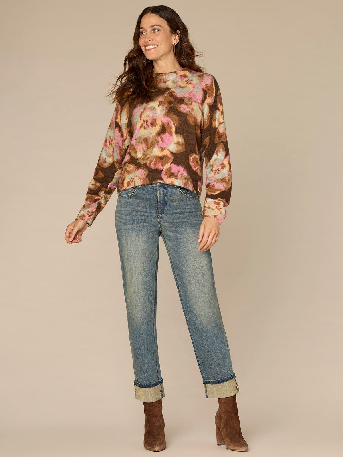 Democracy Clothing Long Ruched Sleeve Mock Neck Abstract Floral Print Petite Sweater - Espresso Spiced Tea Multi|Dark Roast Pink Shadow Floral Multi